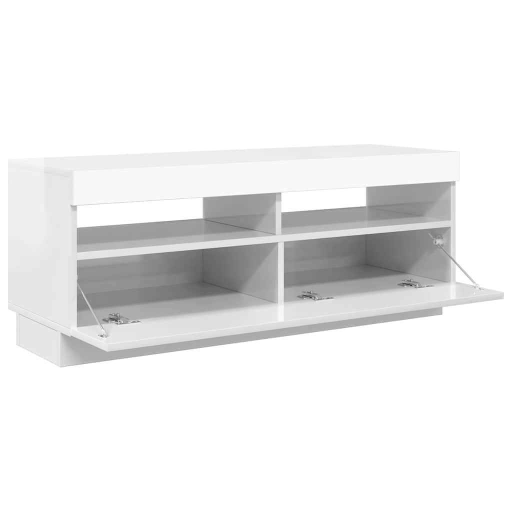 Szafka pod telewizor o wysokim połysku, biała, 100 x 35 x 40 cm, z oświetleniem LED RGB, nowoczesne centrum rozrywki do salonu, stabilna podstawka pod telewizor, konsola multimedialna