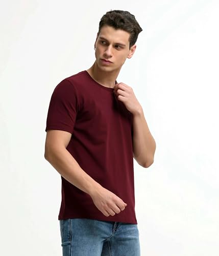 Image of TURMS Men's Casual Solid Round Neck T-Shirt, Odor Control, Stretchable & Breathable, Cotton Rich Fabric, Half Sleeve