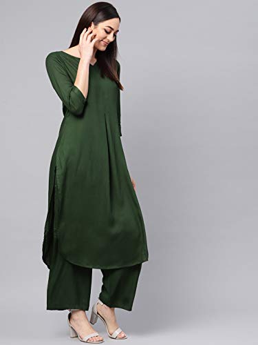 Image of idaLia Rayon Solid Straight Brown Kurta Set for Women with Palazzo 3 /4 Sleeve, Round V Neck Designer Kurta with Palazzo Pant Set