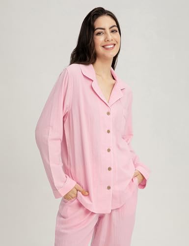 Image of Womens Muslin Pajama Set 100% Cotton Double Gauze Linen Like | Breathable Soft Comfort Button Up Loungewear Sleepwear PJ Set
