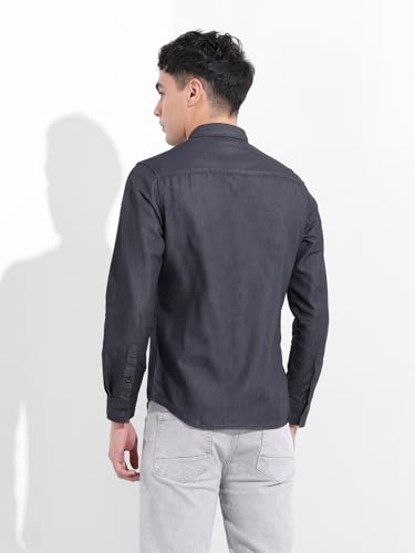 Image of The Indian Garage Co Men Slim Fit Solid Full Sleeves Cutaway Collar Double Flap Pocket Casual Denim Shirt