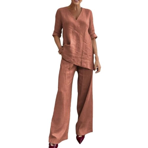 Ensemble lin femme 2 pièces avec top col V et pantalon droit décontracté d'automne