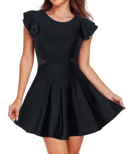 Smismivo One Piece Swim Dress Modest Swimsuits for Women Tummy Control Bathing Suit Skirt with Sleeves Swimdress Swimwear