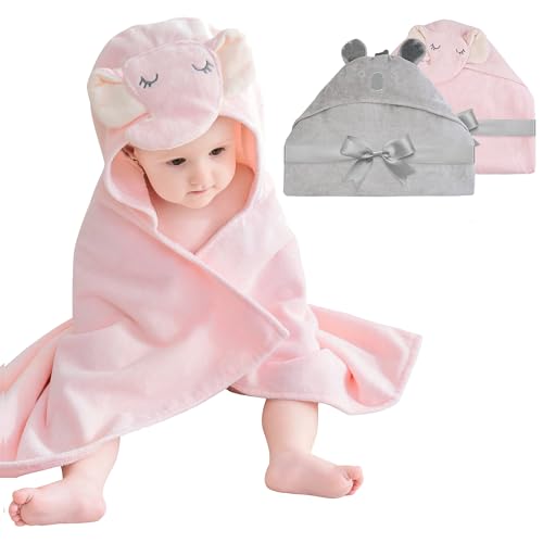 Image of Softan 2 Pack Baby Hooded Towels, Premium Soft Cotton Baby Bath Towels with Hood, Extra Thick and Super Absorbent, Essential for Newborns, Infants and Toddlers (Pink Elephant & Gray Koala)