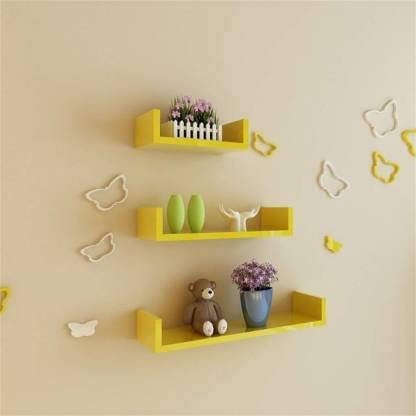 Image of DECORVISTA Wooden Handcrafted Wall Shelf Beautiful Floating Wall Racks Shelves Living & Bed Room Decor U Shaped Set of 3 (Multi) (Yellow)