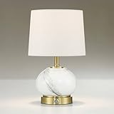 Possini Euro Design Liana Modern Small Accent Table Lamp 14 3/4' High Cordless Rechargeable Battery Operated 5200mAh White Gray Glass Brass Off-White Fabric Drum Shade Decor for Living Room Bedroom