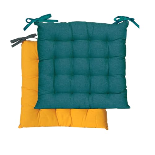 Atout Ciel Galette de Chaise carrée Bicolore 40x40cm, Bleu Canard/Moutarde