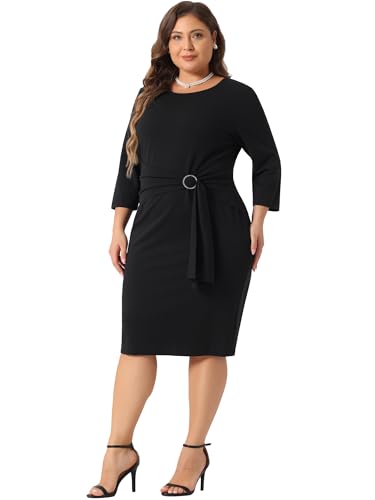 Agnes Orinda Plus Size Evening Pencil Dress for Women 3/4 Sleeve Crew Neck Dresses Cocktail Party with Revomable Rhinestone3