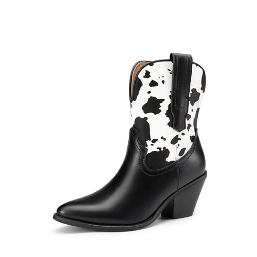DREAM PAIRS Women's Cowboy Ankle Boots Western Booties Low Heel Pointed Toe Cowgirl Boots 10 Black/Cow