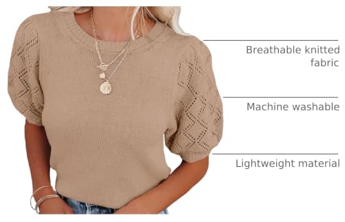 Image of Womens Short Sleeve Sweaters Crewneck Knit Pullover Tops 2025 Summer Casual Lightweight Crochet Blouse Shirt
