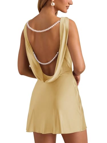 Seabinayed Boat Neck Mini Satin Homecoming Dresses Short Ruched A Line HOCO Dress Backless Pearl Sexy Formal Cocktail Gowns for Women Gold US16