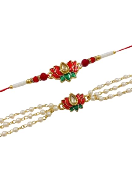 Lotus Rakhi and Lumba Set, Kundan Meenakari with Pearl Chain, Couple rakhi set for bhai and bhabhi-picture-42