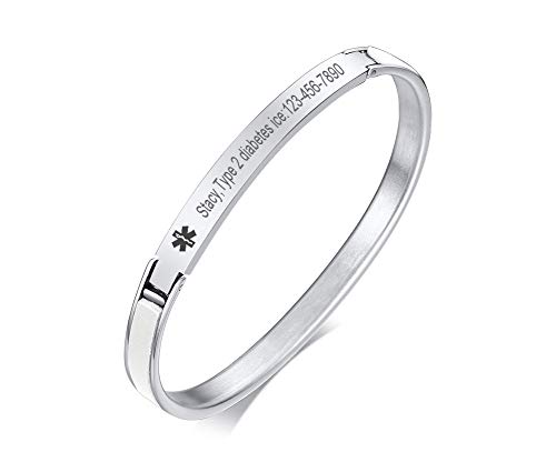 VNOX Custom Engraving Pre-Engarved Stainless Steel Medical Alert Cuff Bangle Inlaid with Leather Medical Alert ID Identification Bracelet for Men Women