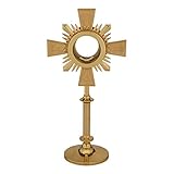 Catholic Monstrance Material - Solid, High Polished Brass and Glass Reliquary Size - 15 1/4 Inches (High) x 7 3/4 Inches (Wide) Monstrance for Catholic Church Features a 3 Inch (Diameter) Chamber Relic Holder Has a Rays Design Surrounding a Glass Lun...