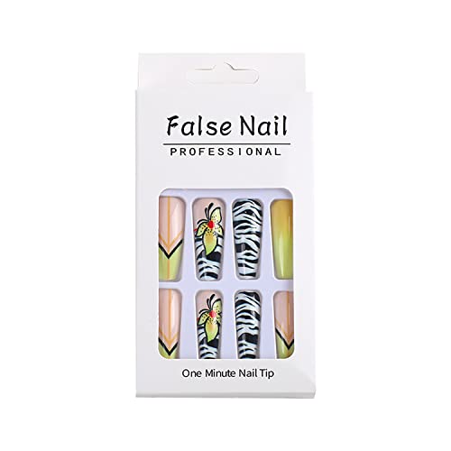 Summer Press On Nails Long Coffin Fake Nails Yellow Acrylic French Tip Nails Line Butterfly Design False Nails With Zebra-Stripe Glossy Full Cover Stick On Nails For Women Artificial Glue On Nails 24Pcs #TOP3
