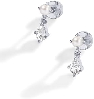 PAVOI 14K Gold Plated Sterling Silver Posts Pearl Flat Backs Stud Earrings for Women - Earscape Drop Dangle Pear Cubic Zirconia Pearl Mini Stud Earrings