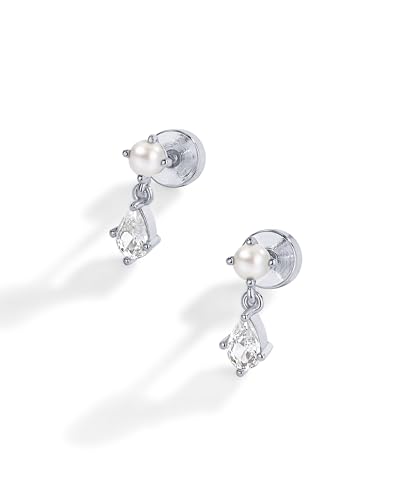 PAVOI 14K Gold Plated Sterling Silver Posts Pearl Flat Backs Stud Earrings for Women - Earscape Drop Dangle Pear Cubic Zirconia Pearl Mini Stud Earrings
