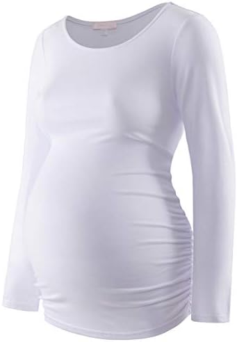 Bhome Maternity Shirt Long Sleeve Basic Top Ruch Sides Bodycon Tshirt for Pregnant Women Casual Wear Tee for Pregnancy White S