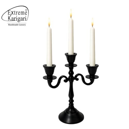 Image of Aluminum 3-Arm 8inch Black Candelabra for Dining Table | Vintage Candle Stand for Romantic Dinner, Home & Wedding Decor