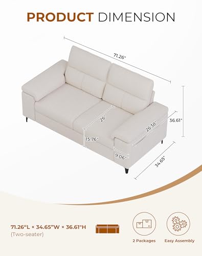 Image of Upvilla 71.25 inch Modern Sofa Couch for Living Room, Deep Seat Sofas with 8 inchCushion, Comfy 2-Seater Chenille Loveseat with Convertible Armrest, Removable Sofa Cover, High Leg (Beige)