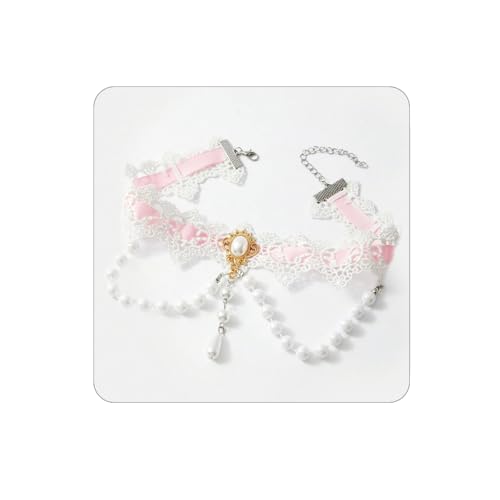Image of Bethynas Gothic White Lace Crystal Choker Necklace Vintage Gemstone Pendant Collar Neck Chain Bridal Weeding Party Pearl Neck Accessory Lolita Cosplay Costume Jewelry for Women (Style 2)