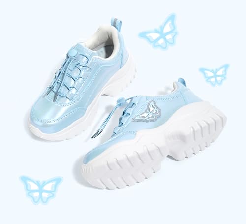 LUCKY STEP Kids Chunky Sneakers Fashion Platform Walking Tennis Shoe Sparkly Butterfly Faux Leather Elastic No-tie Laces School Shoes for Girls Boys 5