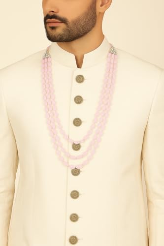 Image of I Jewels 3 Layered Traditional Gold Plated Dulha Green Moti Mala with Beaded Maharaja Haar /Groom Necklace For Men(MLP46)