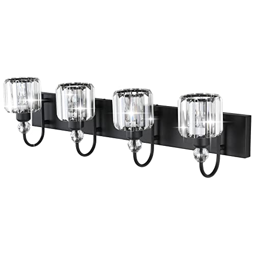 Image of Ralbay Modern Black Vanity Light - 4-Light Crystal Bathroom Wall Light Fixtures in Matte Black