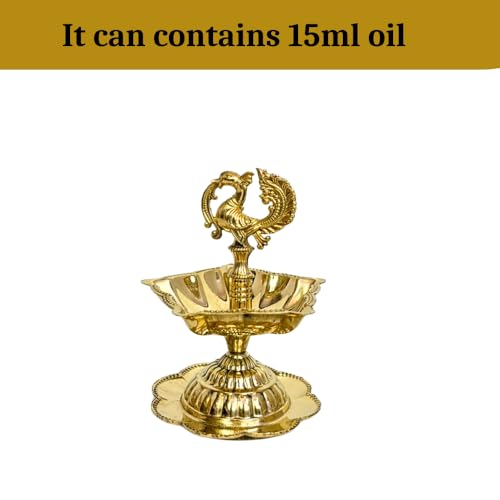 Image of Handcrafted Double Brass Diya with Peacock Design | Traditional Brass Oil Lamp for Puja, Temple & Home Decoration | Antique Finish Deepak for Festivals (Single Diya)
