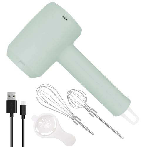 Elektrischer Handmixer, WASAGA Kabelloser Tragbarer Handbesen mit Wiederaufladbaren 3 Geschwindigkeiten und 2 Abnehmbaren Schneebesen zum Backen Schneebesen Milchshake-Creme (Grün)