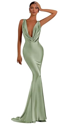 Vestido largo de satén plisado con cuello en V profundo para mujer, vestido de noche formal, Verde Salvia, XXS