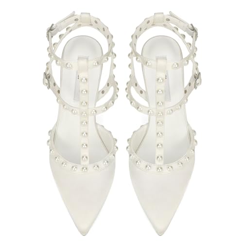 Pearl Wedding Shoes for Bride High Heels Pointed Toe Bridal Shoes T Strap Wedding Heels2