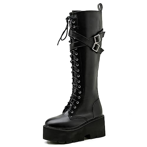 Image of Parisuit Women's Knee High Goth Platform Boots Lace Up Combat Boots | Chunky High Heel, Buckle Boots, Punk Chain Boots