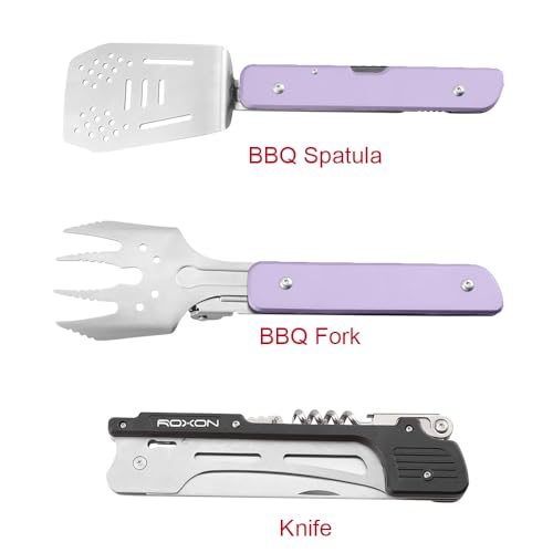Image of ROXON S601 14 inch 6 in 1 MBT3 Folding Grill Utensils Set Fork Spatula Grilling Knife Tongs Opener for Backyard Barbecue and Camping (Purple)
