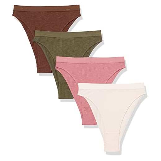 Amazon Essentials Women's Ribbed High Waist Tanga Brief, Pack of 4, Brown/Pale Pink/Green, X-Small