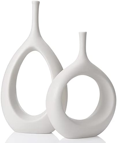 White Ceramic Hollow Vases Set of 2, Flower Vase for Decor, Modern Decorative Vase Centerpiece for Wedding Dinner Table Party Living Room Office Bedroom, Housewarming Gift