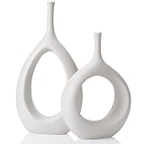 White Ceramic Hollow Vases Set of 2, Flower Vase for Decor, Modern Decorative Vase Centerpiece for W