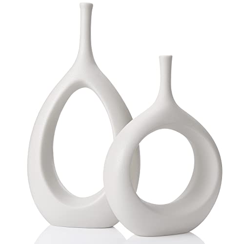 White Ceramic Hollow Vases Set Of 2, Flower Vase For Decor, Modern Decorative Vase Centerpiece For Wedding Dinner Table Party Living Room Office Bedroom, Housewarming Gift #TOP14