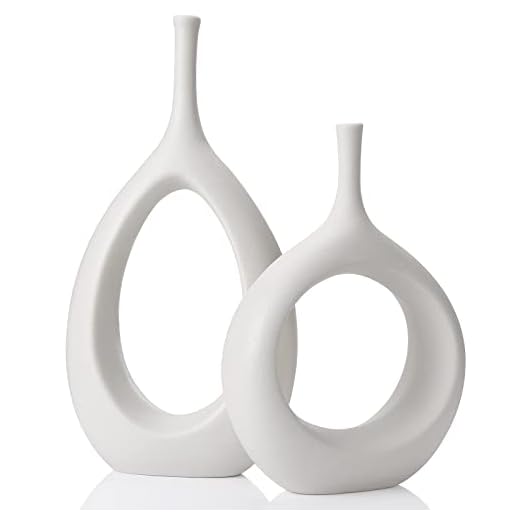 White Ceramic Hollow Vases Set of 2, Flower Vase for Decor, Modern Decorative Vase Centerpiece for Wedding Dinner Table Party Living Room Office Bedroom, Housewarming Gift
