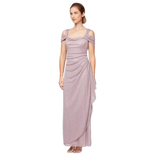 Image of Alex Evenings Women's Long Cold Shoulder Dress, Mother of The Bride, Formal Events, Mauve Glitter, 14 Petite