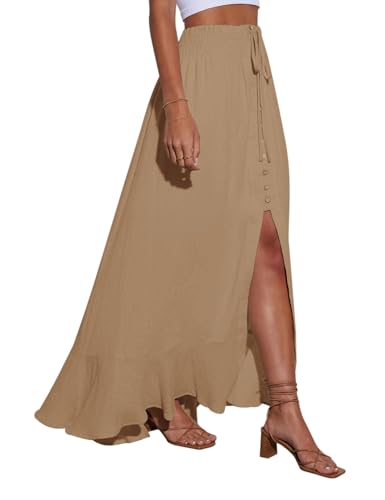 Image of Minclouse Women's Elastic Tie Waist Button Down Maxi Skirts Casual Loose Flowy Swing Slit Front Dress