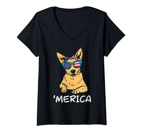 Donna Merica Chihuahua Chiwawa American USA 4th Of July Fourth Dog Maglietta con Collo a V