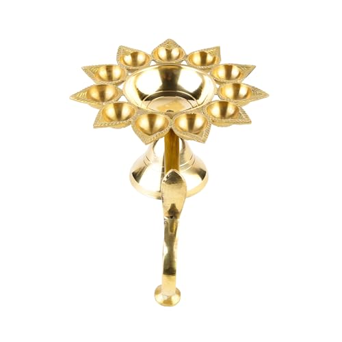 Image of Klassic 9 Inch Pure Brass Aarti Diya | 11 Small Batti & 1 Big Batti Pooja Lamp with Golden Finish | Ideal for Home Mandir, Temple Use, Daily Aarti, Festivals and Puja Rituals