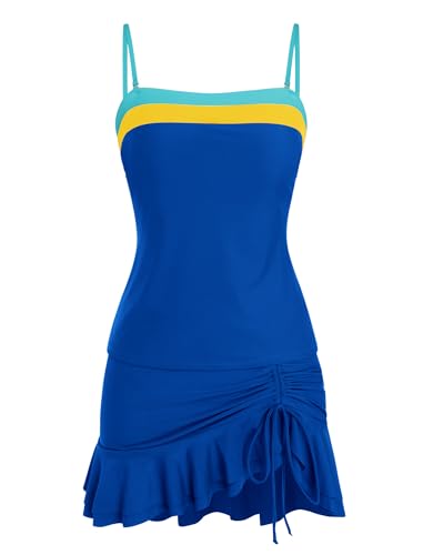 Image of ZAFUL Colorblock Bandeau Tankini Swimsuits for Women 2 Piece Tummy Control Bathing Suit Drawstring Ruffle Swim Skort
