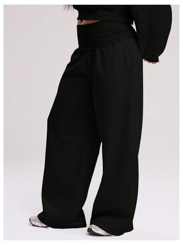 Women's Baggy Sweatpants Fold Over Elastic Waist Relaxed Fit Wide Leg Pants Trousers Joggers2