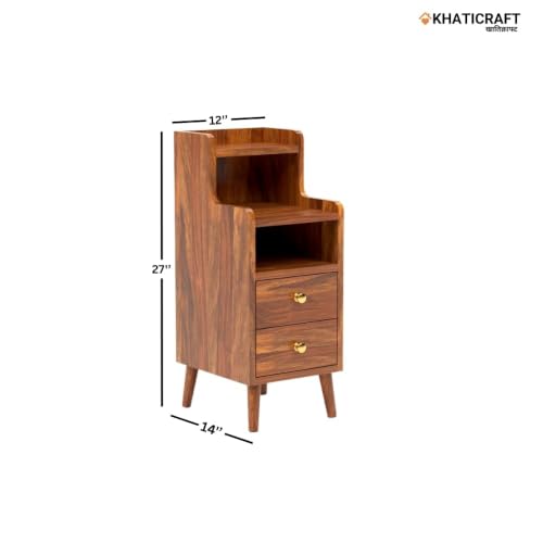 Image of Pithika 100% Solid Sheesham Wood Bedside Table with Drawer - Handmade Wooden Nightstand for Bedroom, Storage Side Table, Pre-Assembled, Honey finesh