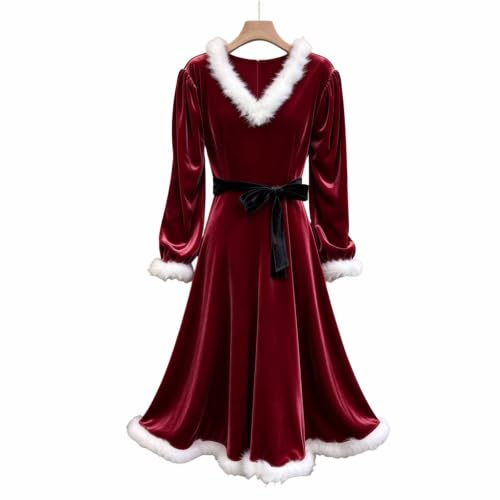 Christmas Dress Women Velvet Ruffle Hem Plush a Line Party Dress Red - image 6