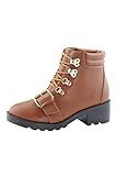 Bella Marie Blazer-11 Women's High Top Lace Up Combat Boot with Front Buckle Tan