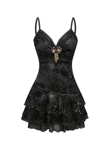 Verdusa Women's Y2k Outfits Gothic Dresses Vintage Boho Beaded Ruffle Lace Paisley Print Tiered Mini Summer Dress Black Large
