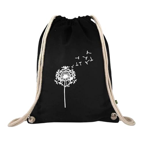 Turnbeutelliebe® Turnbeutel mit Motiv - Pusteblume - Baumwolle schwarz - Sportbeutel - Rucksack - Stoffbeutel - Gym Bag - ca. 12 Liter - 37 x 46 cm